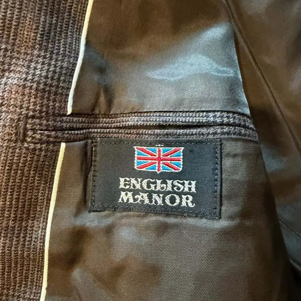 English Manor Suit Jacket and Pants Brown Plaid Pure Wool 46R